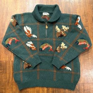 VINTAGE LL BEAN Moose Duck Fish Wool Sweater Green Fishing Hunting Large 80’s L